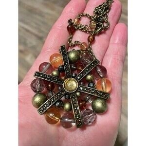 Vintage SAQ 2" Celtic Medallion Pendant 16" Necklace Amber Rhinestones Lucite